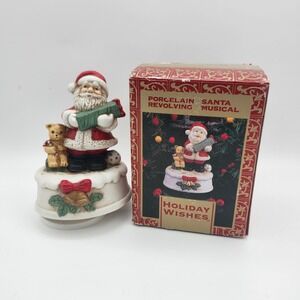 Holiday Wishes Porcelain Santa Figure Revolving Musical Wind Up Christmas w/ Box